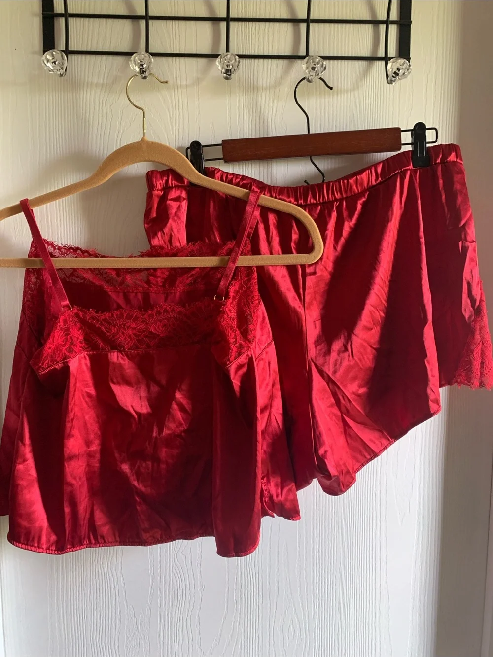 Lace-Trim Satin Camisole & Shorts Pajama Set - Red